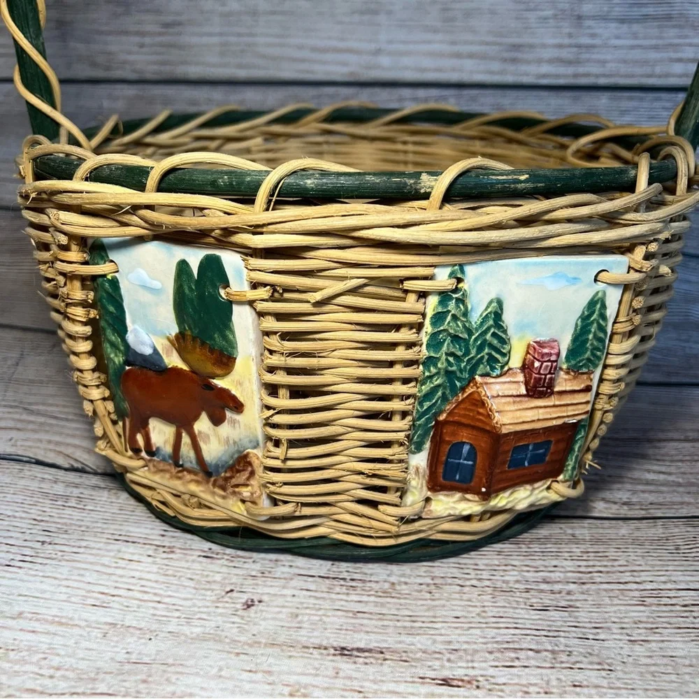 Vintage Large Oval Wicker Basket‎ Ceramic Moose & Cabin Tile Decorations Cottage
